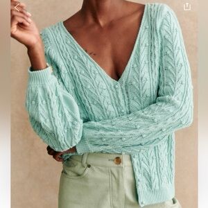 Sezane Beryl Sea Green Cable Knit V-Neck Cardigan